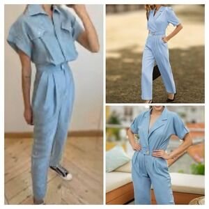 Baby Blue Poplin Coveralls‎ Sz S Pleated Jumpsuit Preppy Coastal Grandma Hipster